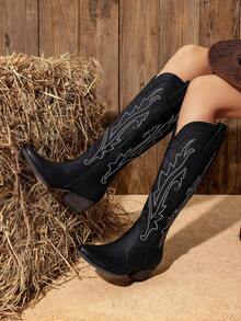 Womens Cowboy Cowgirl Knee High Boots Comfortable Pull-On Chunky Heel Embroidered Western Retro Tall Boots With Side Zipper - màu đen - Xem 3