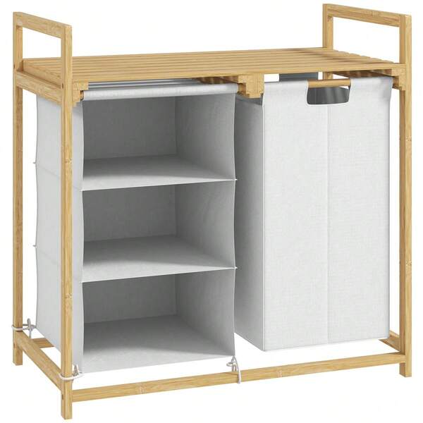 HOMCOM Wäschekorb 4 Fächer Wäschesammler mit 2 ausziehbaren & abnehmbaren Wäschesäcken aus Vliesstoff, Ablage 83L Wäschebox mit Griff Wäschesortierer 70 x 36 x 70 cm Bambus Weiß On-Site