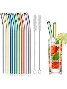 8支装玻璃吸管及清洁刷套装，彩色透明吸管，珍珠奶茶玻璃吸管，可重复使用替换玻璃吸管，适用于带盖冰咖啡杯和罐子，直吸管和弯吸管多种尺寸可选，适合家庭和派对使用，圣诞节和万圣节礼物 - 彩色 - 查看 2