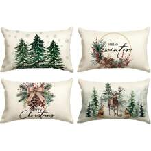 4 buah Sarung Bantal Pohon Natal, Rusa Kutub, Kepingan Salju, Sarung Bantal Sofa Dekoratif Musim Dingin Bertema Buah Berry Merah Natal, Satu Sisi Tanpa Isian Bantal - Hijau - View 5