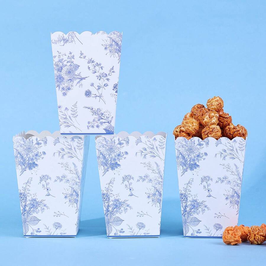 10 piezas/20 piezas Cajas de palomitas de maíz con flores azules, vienen con mini contenedores de palomitas de papel abanicados, soportes de cartón para palomitas de maíz de apertura superior, recuerdos de fiesta con flores azules, adecuados para la decoración de la noche de cine, despedida de soltera y otras fiestas - Azul - Ver 1