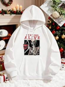 Womens Fashion Oversized Hoodies Sweatshirts Black White Options, Fall Casual Pullover Sweaters Winter Clothes, Skeleton Holding Coffee Cup Funny Graphic Letter Print Plus Size Hoodie Unisex Hoodies Long Sleeve Pocket Pullover, Holiday Gift For Women - 白色 - 查看 2
