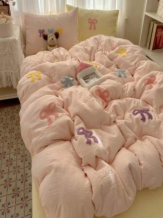 Juego de ropa de cama con bordado recortado y lazo de colores, juego de ropa de cama blanca de 3 piezas, que incluye 1 funda nórdica y 2 fundas de almohada, funda de edredón suave y transpirable de estilo elegante