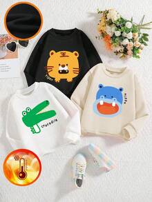 Bộ 3 áo nỉ cổ tròn in họa tiết thường ngày cho bé trai, mùa Thu/Đông - Áo hoodie in hình hổ, hà mã, cá sấu đáng yêu mang đến niềm vui và hạnh phúc cho mọi em bé! - màu đen - Xem 1