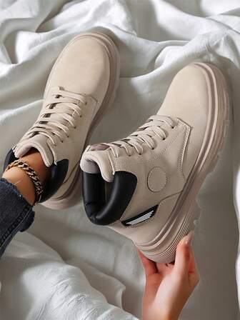 Women's Round Toe Lace-Up Short Boots, Khaki, Non-Slip, Lightweight Soft Sole, Fashionable, Comfortable High-Top Shoes