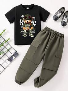 Young Boy Cartoon Print Round Neck Short Sleeve Top And Cargo Pants Set - Black - View 3