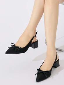 Giày cao gót hở mũi, mũi kín, hở gót, có nơ trang trí cho nữ, giày cao gót đế thô thoải mái, phù hợp cho trang phục hàng ngày, tiệc tùng, đám cưới, những dịp trang trọng, thích hợp cho mùa thu/đông, màu đen - màu đen - Xem 3