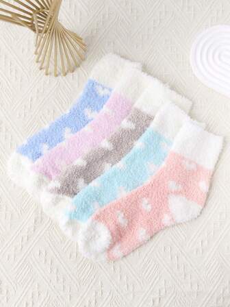 1/4 双装女士船袜，心形图案，保暖内衬，黑白配色，蓬松舒适，适合日常穿着、母亲节礼物、吸湿排汗，可搭配任何鞋子，适合返校、开斋节、睡衣、秋季穿着。