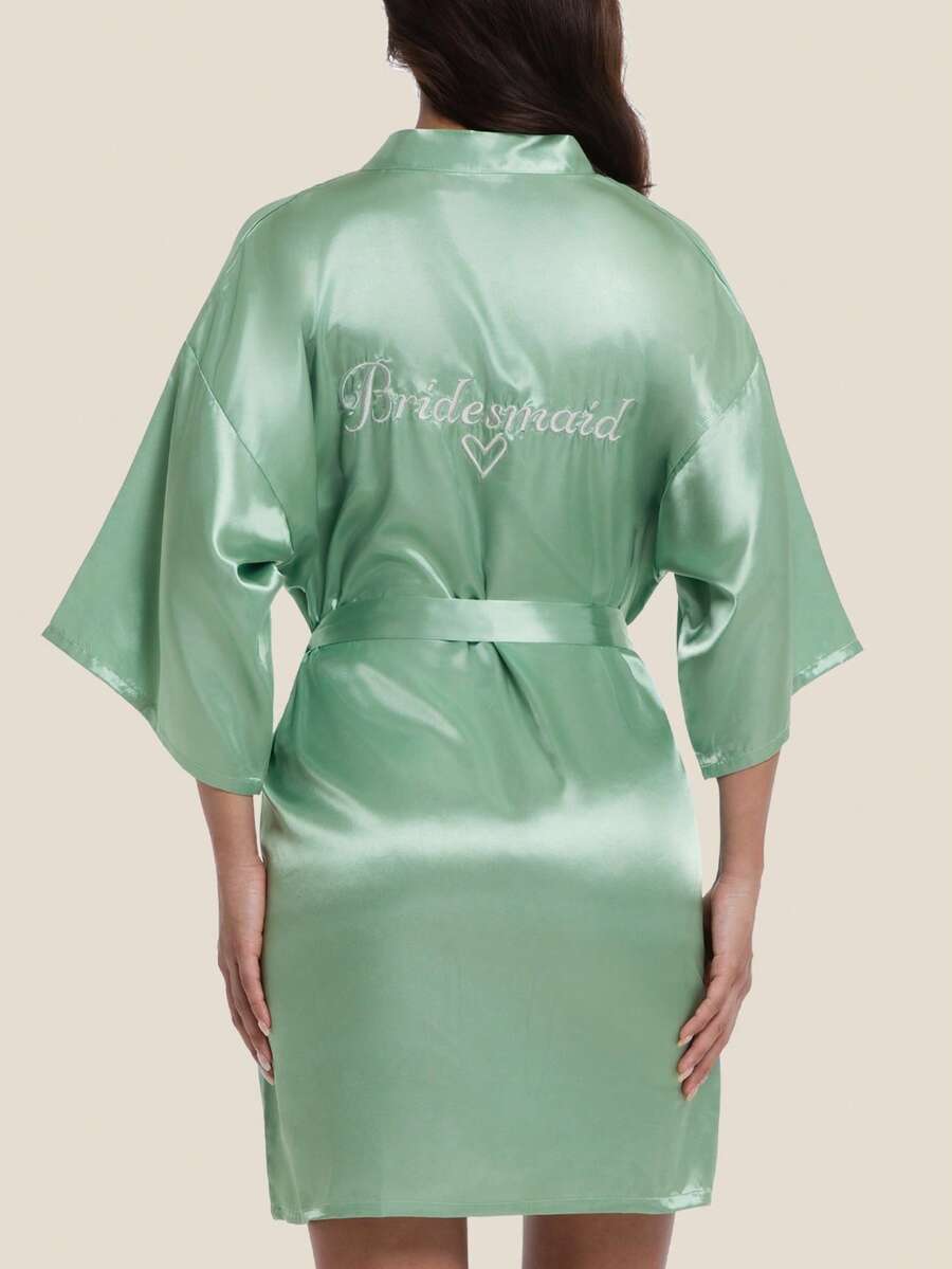 1pc Elegant Embroidered Short Bridesmaid Robe - Green - View 1