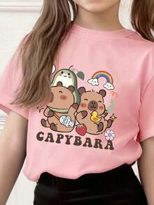 Toddler Girls' Cartoon Print Short Sleeve Top And Skinny Flared Pants Set - Pink - View 3