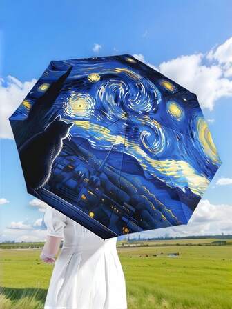 1 pieza Paraguas plegable portátil de 8 varillas, paraguas de protección solar con patrón de gato estrellado, paraguas ilustrativo creativo de mujer con protección UV a prueba de lluvia, esencial de viaje súper ligero y portátil, divertido para todas las estaciones, regalo del Día de San Valentín, Navidad, artículo esencial para festivales, adecuado para la escuela, camping, playa