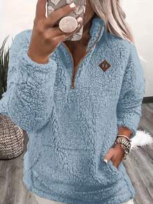 Women's Fashionable Long Sleeve Fleece Half Zip Sweatshirt - Blue - View 1