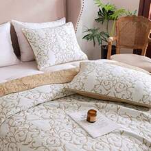 Reversible Soft Quilts 3Piece Beige Embroidery Pattern Elegant Set With Embroidered Decorative Shams Soft BedspreadandCoverlet Set Queen Size Beige - 1PatternBeige - View 3