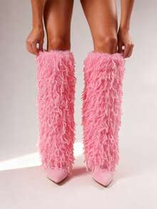 Fur Knee High Boots For Woman Stiletto Heeled Women's Boots  Furry Half Boots Wide Calf Pointed Toe Long Winter Boots - 粉色 - 查看 5