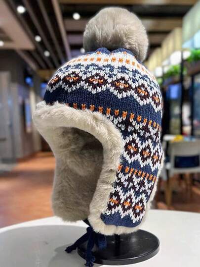 Damska ciepła, dzianinowa czapka z podszewką termiczną, ochrona słuchu, nowa czapka traperska, zimowa