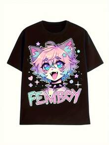 FEMBOY Graphic Tee For Men Women- Black Retro Punk Rock Aesthetic Tee With Cat Ears Characters, Bold FEMBOY Prints And Bright Neon Colors, Crew Neck Short Sleeve Casual Shirt, Great For All Seasons - 黑色 - 查看 1