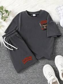 幼儿卡通印花短袖T恤和短裤套装 - 深灰色 - 查看 2