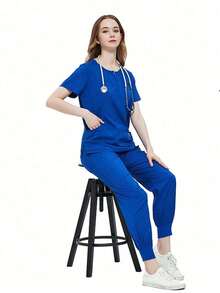 Conjunto de 2 Piezas Uniforme Quirúrgico Anti Fluidos Dama Excelente Calidad, Mujer Uniforme Medico, Conjunto Quirúrgico Filipina Pantalon, Pijama Uniforme Antifluidos Mujer - azul real - Ver 5