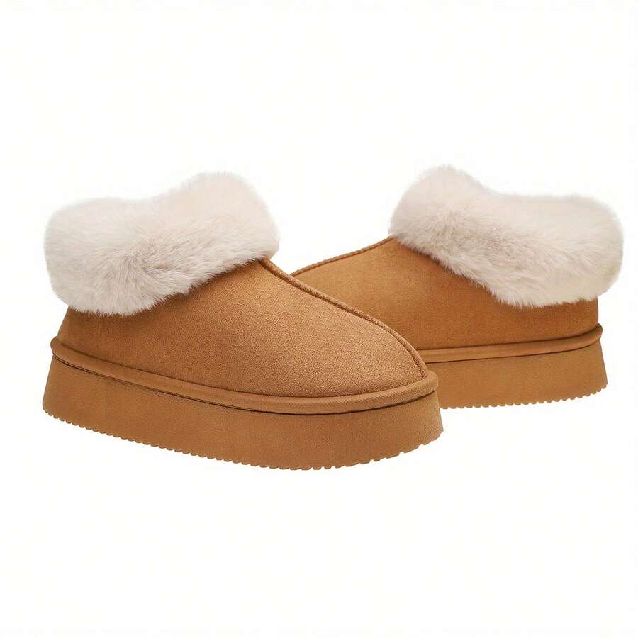 Women's Plush Faux Fur Collar Slippers - Non-Slip Indoor House With Cozy Winter Warmth, Black/Beige, Soft Cushioned Sole & Easy Slip-On Design - Lạc đà - Xem 1