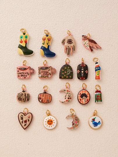 1pc Fashion Printed Moon One Eyed Palm Heart Shaped Bird Mushroom Orange Soda Sour Cucumber DIY Pendant, Plated With 18K Gold, DIY Jewelry Accessories, Necklace Accessories, Bracelet Accessories, Earring Accessories, Keychain Accessories, Bag Accessories, Women's Jewelry Accessories, Wallet Accessories, Small Pendant, Gift.