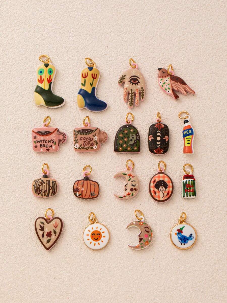 1pc Fashion Printed Moon One Eyed Palm Heart Shaped Bird Mushroom Orange Soda Sour Cucumber DIY Pendant, Plated With 18K Gold, DIY Jewelry Accessories, Necklace Accessories, Bracelet Accessories, Earring Accessories, Keychain Accessories, Bag Accessories, Women's Jewelry Accessories, Wallet Accessories, Small Pendant, Gift.