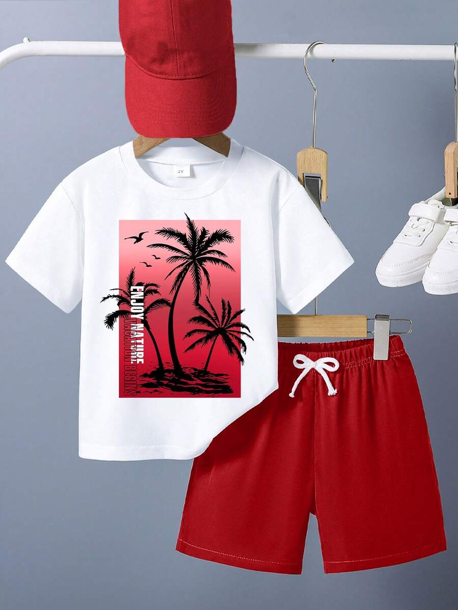 Young Boy Palm Tree Print Short Sleeve T-Shirt And Shorts Set - Red - View 1