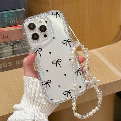 蝴蝶结透明彩绘链条奶油色波浪边防震加厚手机保护壳，印花图案，兼容 17/17 Pro/17 Pro Max/16/11/16 Pro Max/13/11、12、13、16、15、16 Plus、16 Pro Max、S23、S24、S25、S24 Plus、S25 Plus、A56、A36、A26/A13 4G、A22、A21S、A51 4G、A52、S22 Ultra、A33 5G，兼容 10，兼容Note 11 4G，国际版，非国内版