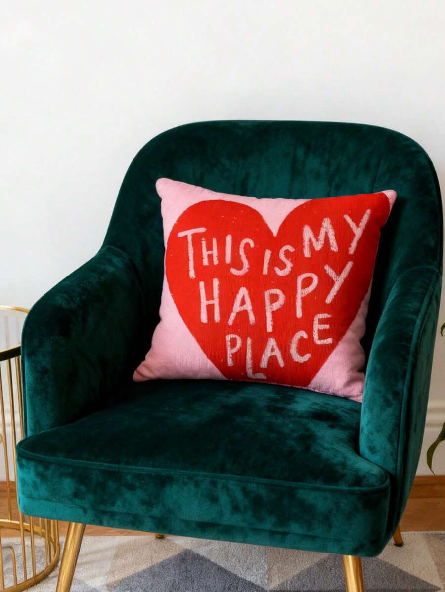 1 件“这是我的快乐之地”手绘心形装饰枕套，45x45 厘米 - 柔软舒适，仿毛绒面料，数码单面印花，可机洗，拉链开合，适用于沙发、客厅、卧室、办公室装饰 | 俏皮的口号设计 | 拉链枕套，装饰性抱枕 - 粉色 - 查看 1