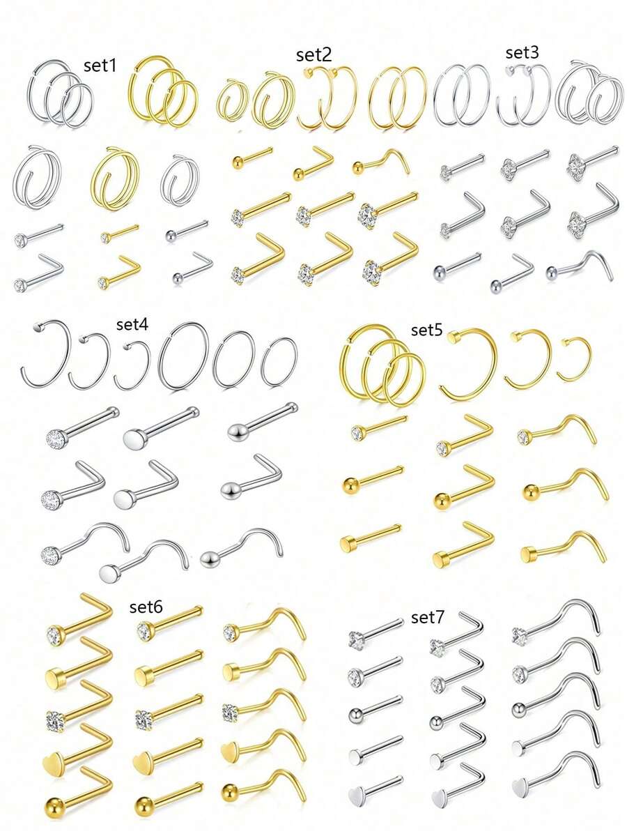 15 pezzi Anelli per il naso in oro 20g, set di piercing per il naso per donne e uomini, ipoallergenici in acciaio inossidabile per elice, cartilagine, daith, tragus, orecchini a cerchio, forma a L/a vite/diritti per piercing al corpo reale - Piercing al naso - Visualizzare 1
