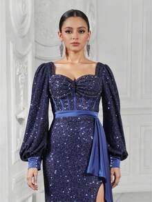 Robe de soirée formelle à col carré bleu marine avec sequins, manches bouffantes, ceinture taille blocs de couleurs et fente. Idéale pour les événements sur le tapis rouge. - Bleu marine - Voir 3