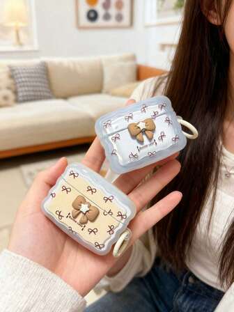 Braune Schleife & hellgelbes Stern-Wellenmuster Kopfhörer-Etui kompatibel mit Apple 1/2, Pro, 3, Pro 2, 4, Pro 3 Bluetooth Kopfhörer Ladehülle