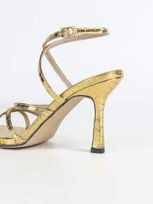 Sandalias de tacón alto de verano para mujer, color dorado, elegantes, sexys, sandalias de tacón alto de moda, de punta abierta, zapatos de tacón alto de oro puro, sandalias de punta cuadrada, tacón fino, correa cruzada, sandalias de tacón alto de mujer con correa fina - Dorado - Ver 9