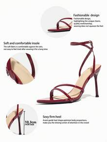 Women's High Heel Sandals, Suitable For Spring/Summer Night Parties, Gatherings, Outdoor Events, Runway Shows, Banquets. Featuring Pointed Toe, Shiny Finish, Ankle Strap, Soft And Skin-Friendly Mirror Material, Elegant And Fashionable Design In Wine Red Color, Ideal For Commuting And Pairing With Autumn Women's Outfits. - Burgundy - View 7