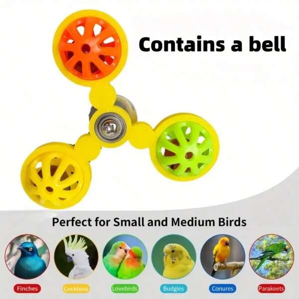360° Rotating Wind Chime Bell & Chewable Ball Bird Toy - 360° Rotating Motion, Chewing Protection Cage Accessory, With Metal Screws, Durable Plastic, Suitable For Parrots, Parakeets, Lovebirds - Mental Stimulation And Boredom Relief, 2 Colors (Green/Yellow Orange/Red)