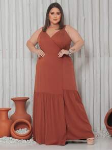 Long Wrap Dress With Thin Straps Made Of Smooth Viscose Linen. - 鏽棕色 - 查看 3