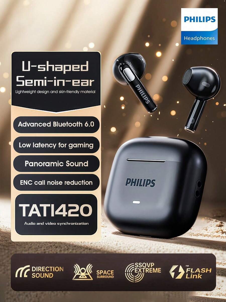 PHILIPS 飞利浦新款蓝牙6.0无线耳机，TAT1420，高保真音质，半入耳式设计，降噪功能，游戏运动通用，兼容小米和苹果手机 - 黑色 - 查看 1