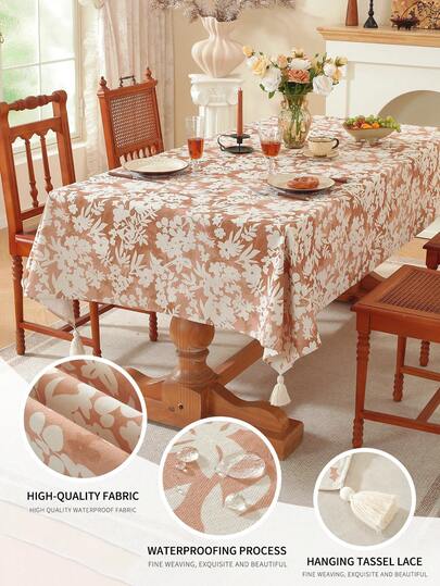 1pc Brown Waterproof Tablecloth With Floral & Leaf Pattern, Cute Tasseled Decor, Suitable For Living Room, Dining Room, Party, Home Decor, Room Decor, Tabletop Decor And Holiday Gift, Multiple Sizes Available, Suitable For All Seasons, Autumn/Winter Dining Table Decor