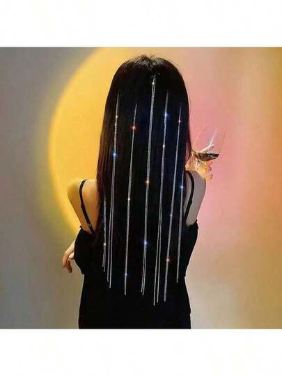 1pc Rhinestone Headband With Tassel Braids, Dynamic & Fashionable, Decorated With Chain, Sweet & Punk Style Hair Clip, Dance Performance Hair Accessory, Glittering Hair Decor For Dance, Party, Celebration, Suitable For Girls, Women, Gift For Lover/Friend/Elder, Christmas, New Year, No Battery Required