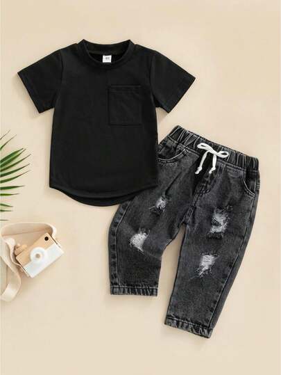 Toddler Baby Boys Denim Outfits Solid Color Short Sleeve T-Shirt Tops + Ripped Jeans Pants Set