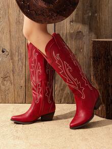 Womens Cowboy Cowgirl Knee High Boots Comfortable Pull-On Chunky Heel Embroidered Western Retro Tall Boots With Side Zipper - Đỏ - Xem 3
