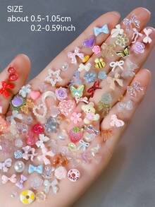 50克/包（500-600件）3D混合彩色指甲饰多形状心形花朵蝴蝶结形指甲饰树脂平底美甲水钻饰美甲DIY工艺品珠宝配饰指甲宝石美甲用品指甲
