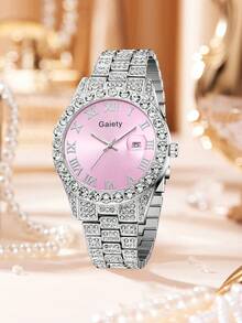 2件套女士银色表带时尚休闲奢华水晶罗马数字表盘日历石英表及心形手链首饰套装，适合日常佩戴、装饰或节日礼物 - 銀色 - 查看 3