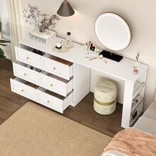 6-Drawer L-Shaped Vanity Table And Dresser Combo, Extendable Makeup Vanity Desk With 3 Side Shelves, Modern Dressing Table For Bedroom, Dressing Room - 白色 - 查看 3