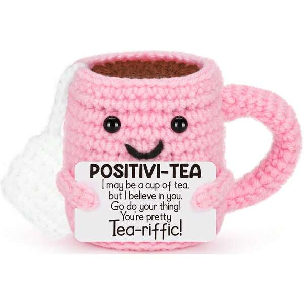 Mini Positive Crochet Tea Cup Birthday Gifts for Women Friend Sister, Bosses Day Christmas White Elephant Gifts for Teen, Emotional Cheer Up Support Gifts for Coworker Handmade Cute Stocking Stuffers