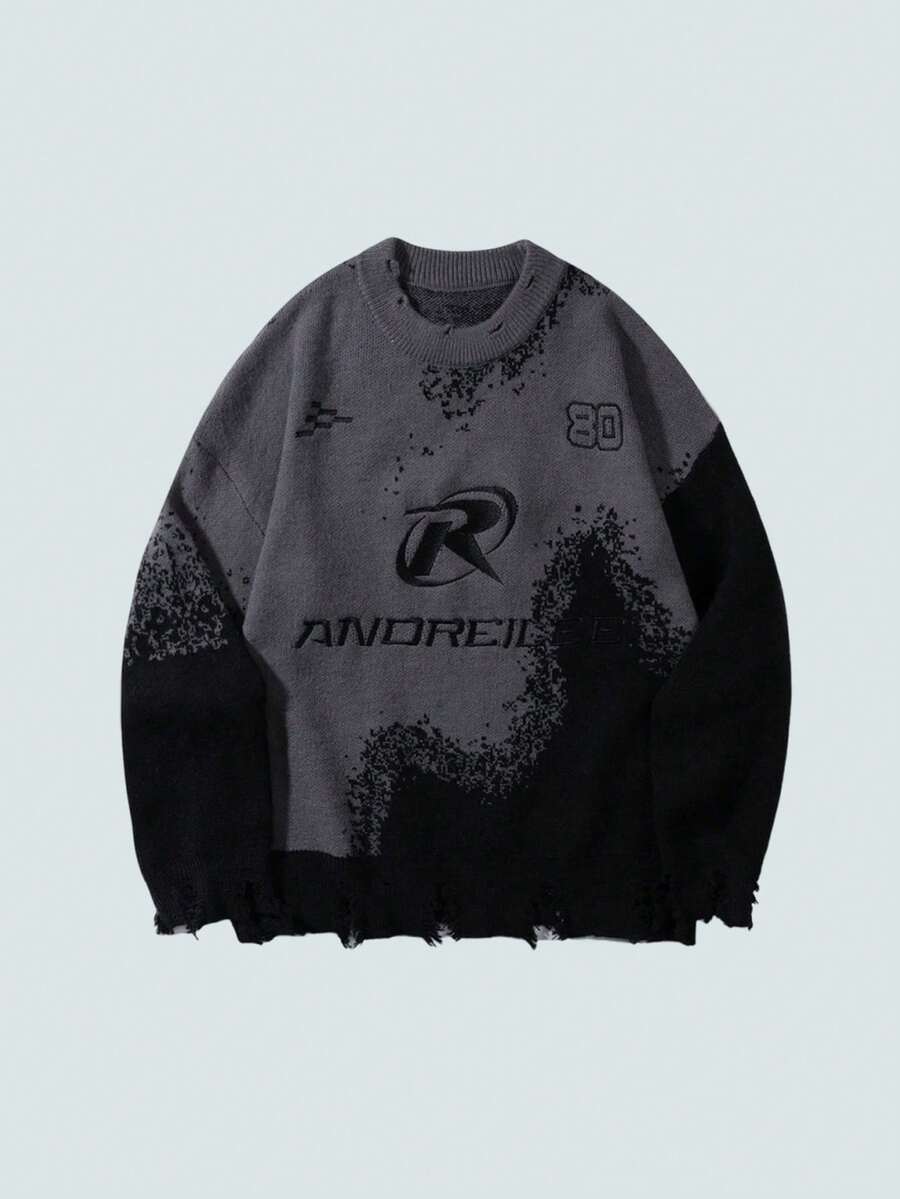 MODCRASH 春秋新款男士休闲摩托车拼接圆领套头针织衫，舒适毛衣，街头风，质感面料，秋冬款 - 黑色 - 查看 1