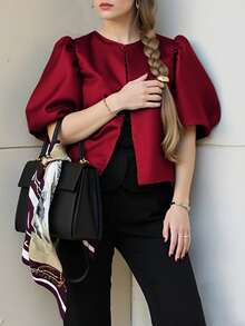 女士纯色短袖衬衫，简约时尚，适合夏季 - 紅色 - 查看 6