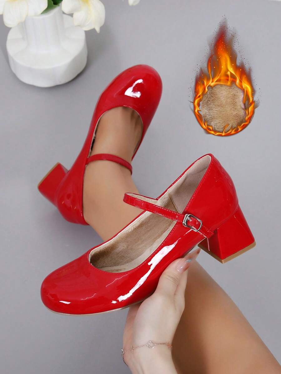Autumn/Winter Plush Lined New Evening Dress Pumps, Glossy Patent Leather Women's Thick Heel Round Toe Red High Heels. Instep Strap Buckle Mary Jane Women's Shoes, Comfortable Indoor Outdoor Party Flats, Soft Fleece Lining Bohemian Style Red High Heel Women's Shoes - Đỏ - Xem 1