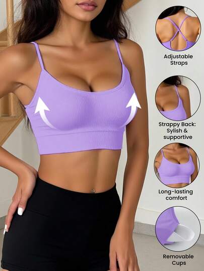 1pc Seamless Adjustable Criss Cross Strap Supportive Sports Bra, Com Tafel Removable Padded Wireless Yoga, Workout Exercise view 4