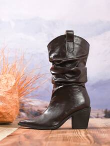 Botas medianas de mujer de color marrón con pliegues, con acabado de volantes estilo western, adecuadas para vacaciones, otoño/invierno, tacón alto - Marrón - Ver 5