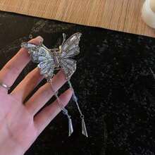 1pc Elegant  Butterfly Wing Design Hairpin With Beaded Tassel And Gemstone - Women's Stable Hairpin, Suitable For Casual And Formal Settings, Cute Hair Accessories, Rhinestone Embellishment, Women's Fashion Accessories - 銀色 - 查看 6